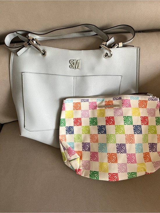 Steve Madden Handbags - Steve Madden White Tote with Multicolor Logo Pouch